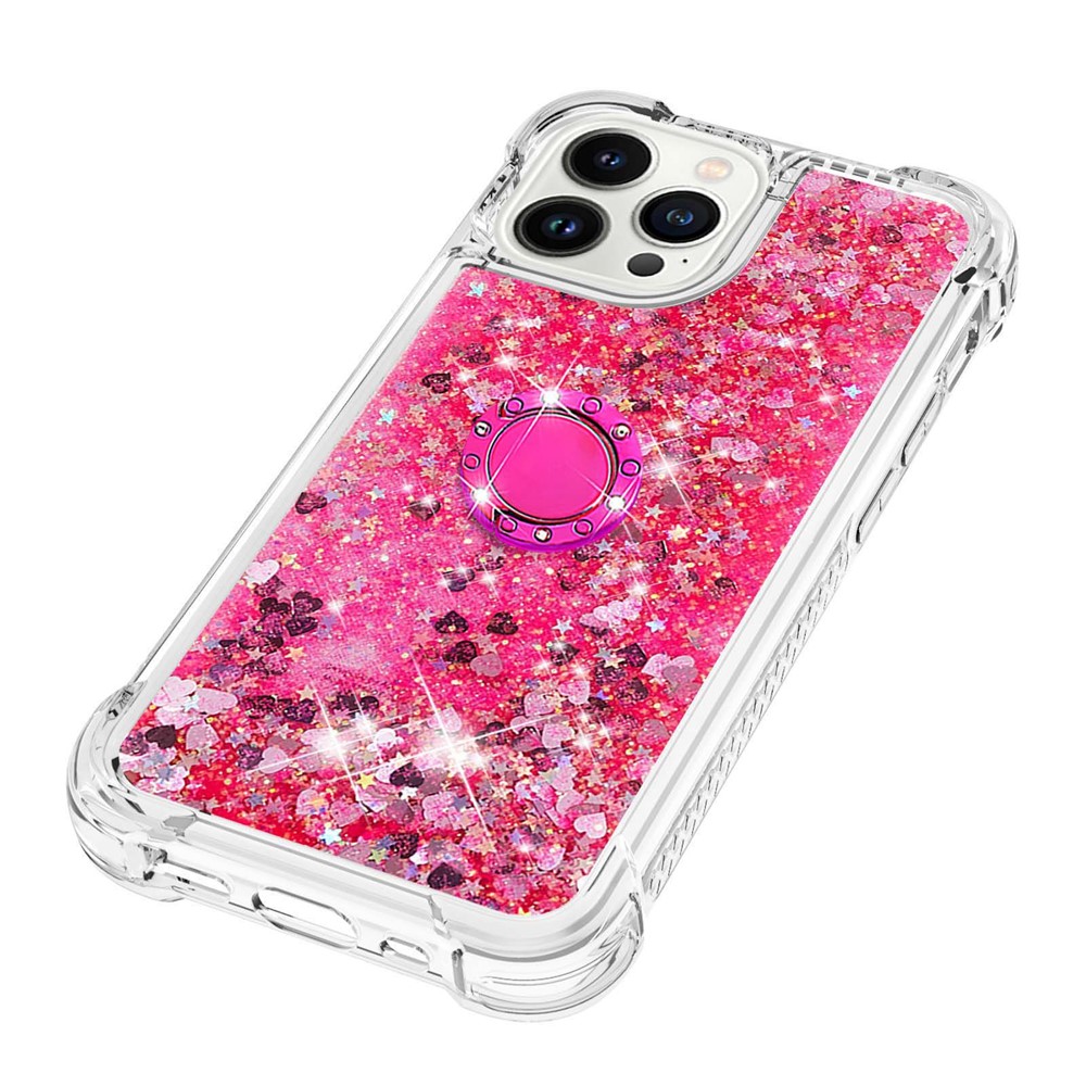 YB Quicksand Series-7 for iPhone 14 Pro 6.1 inch Moving Glitter Sequins Quicksand TPU Phone Case with Ring Holder Kickstand - Pink / Hearts-6