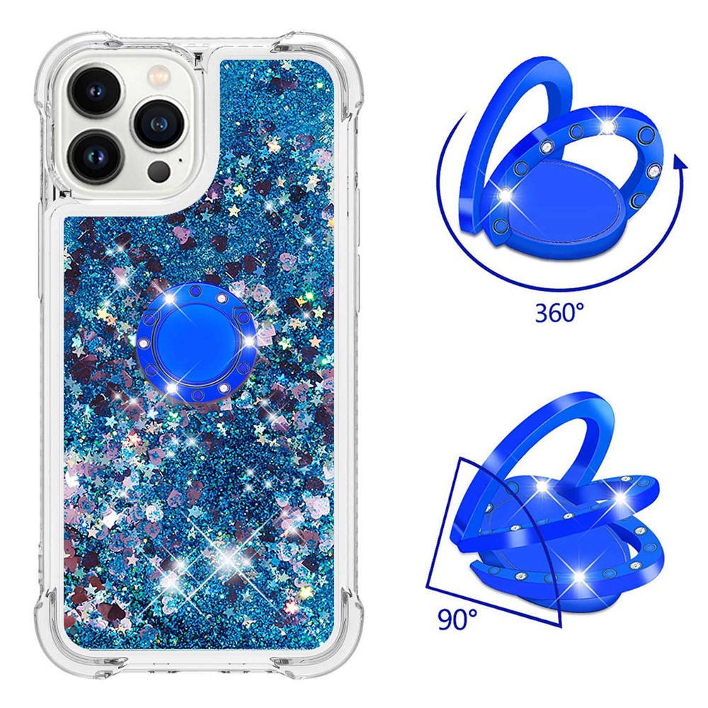 YB Quicksand Series-7 for iPhone 14 Pro Max 6.7 inch Liquid Quicksand Protective TPU Back Cover Ring Holder Kickstand Phone Case - Blue / Hearts-3
