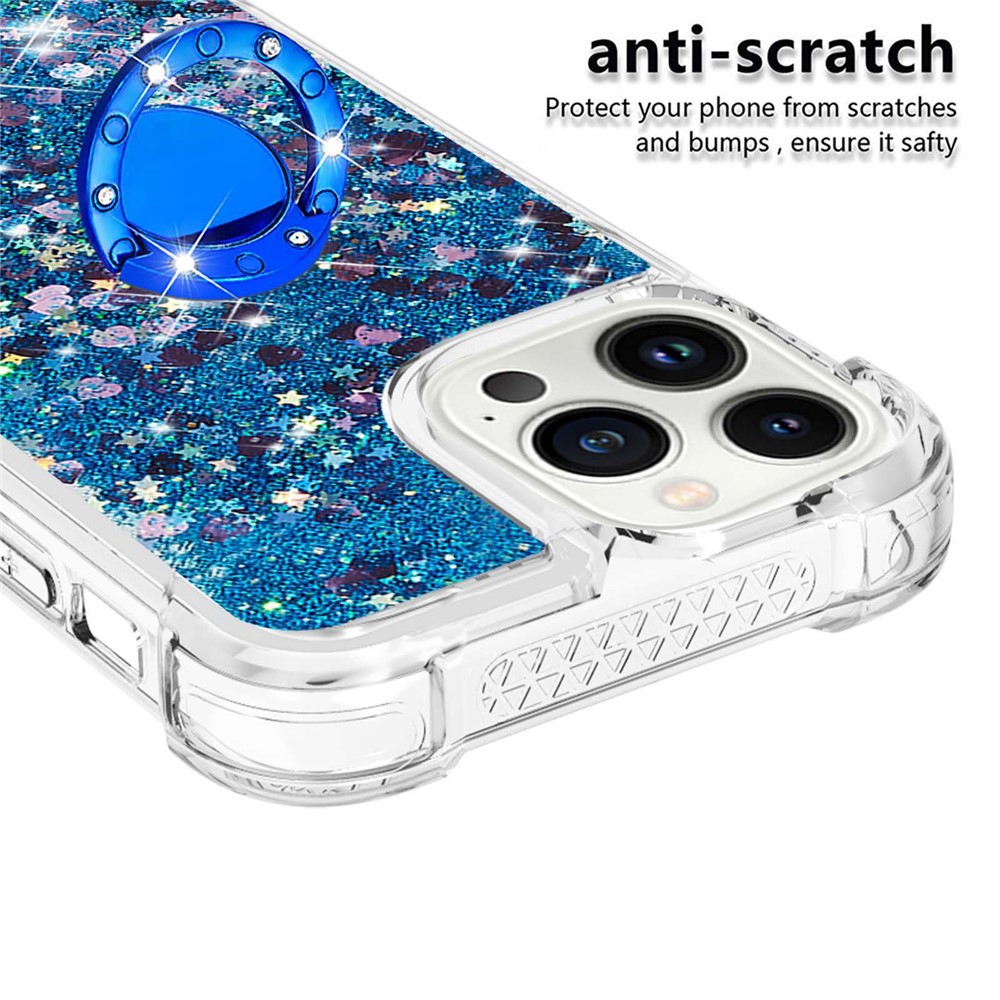 YB Quicksand Series-7 for iPhone 14 Pro Max 6.7 inch Liquid Quicksand Protective TPU Back Cover Ring Holder Kickstand Phone Case - Blue / Hearts-4