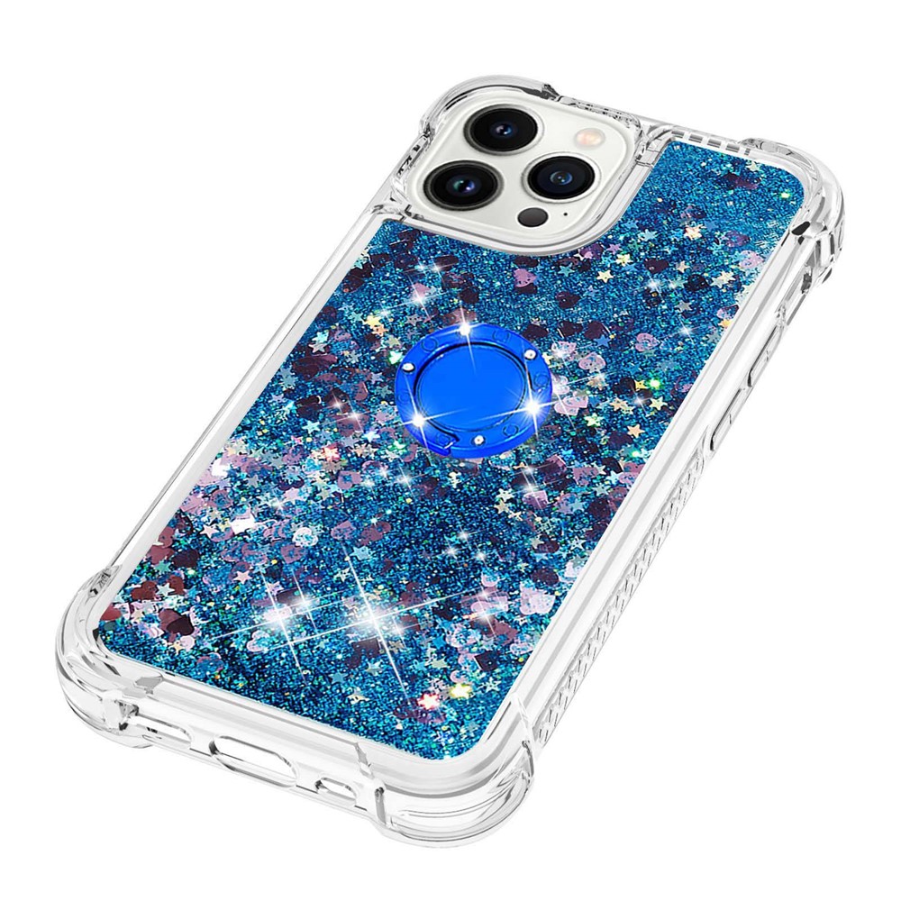 YB Quicksand Series-7 for iPhone 14 Pro Max 6.7 inch Liquid Quicksand Protective TPU Back Cover Ring Holder Kickstand Phone Case - Blue / Hearts-6