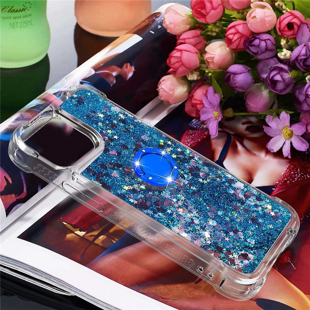 YB Quicksand Series-7 for iPhone 14 Pro Max 6.7 inch Liquid Quicksand Protective TPU Back Cover Ring Holder Kickstand Phone Case - Blue / Hearts-7