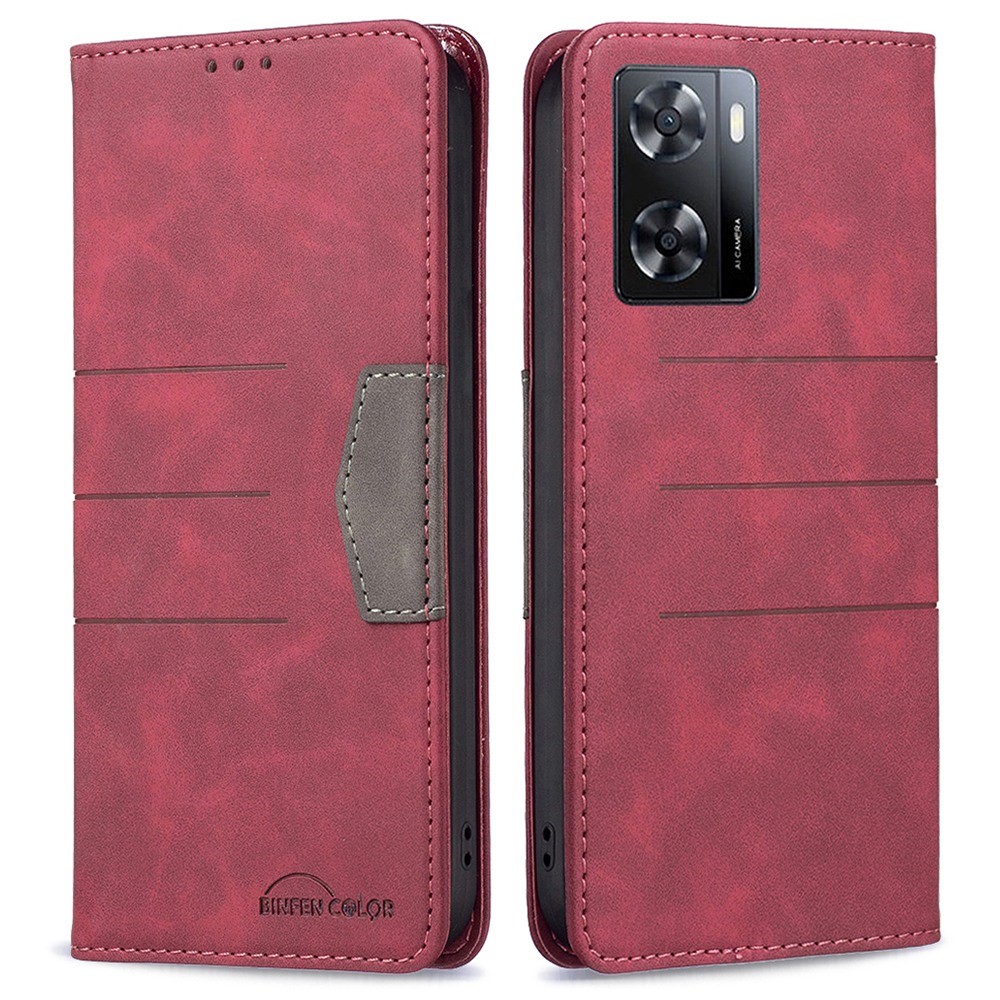 BINFEN COLOR BF Leather Series-1 for Oppo A57 4G Phone Case Style 10 Color Splicing Lines Imprinted Leather Wallet Stand Feature Magnetic Drop-proof Cover - Red-1