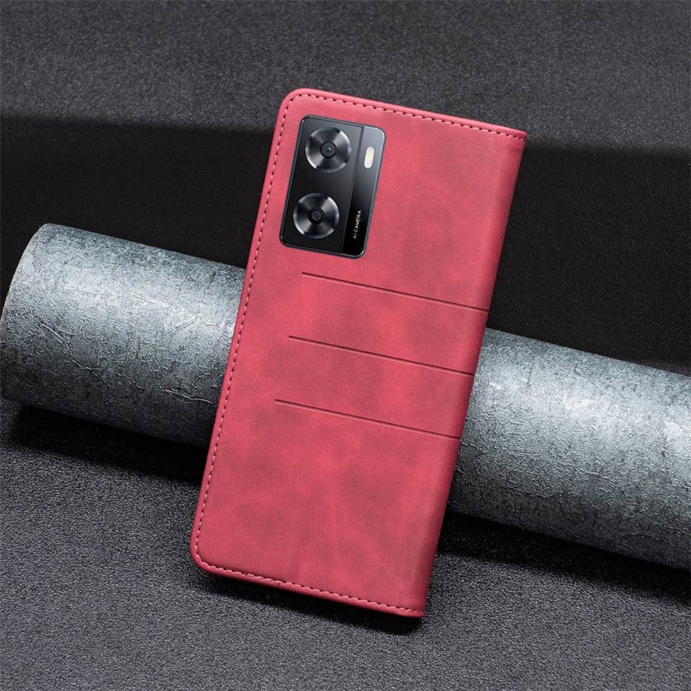 BINFEN COLOR BF Leather Series-1 for Oppo A57 4G Phone Case Style 10 Color Splicing Lines Imprinted Leather Wallet Stand Feature Magnetic Drop-proof Cover - Red-5