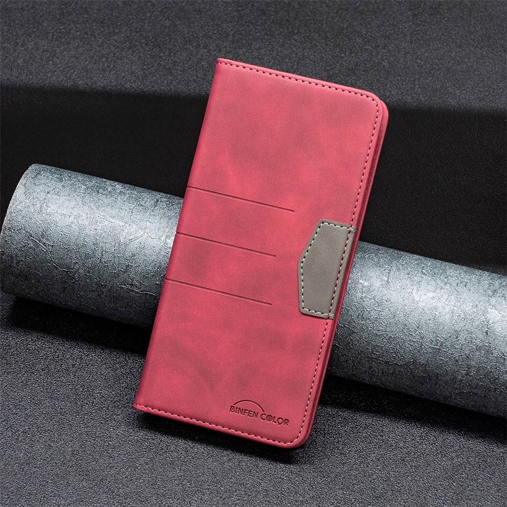 BINFEN COLOR BF Leather Series-1 for Oppo A57 4G Phone Case Style 10 Color Splicing Lines Imprinted Leather Wallet Stand Feature Magnetic Drop-proof Cover - Red-6