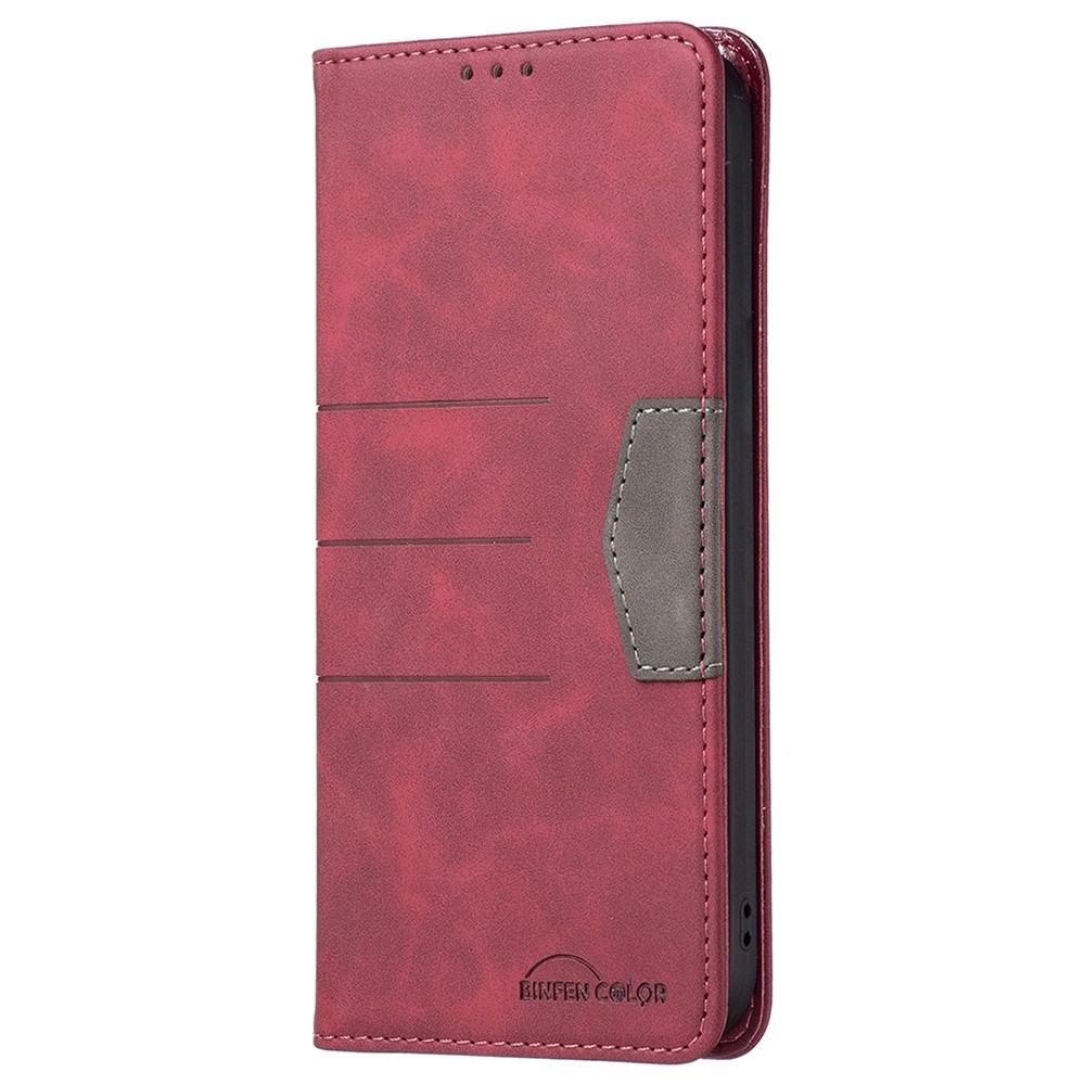 BINFEN COLOR BF Leather Series-1 for Oppo A57 4G Phone Case Style 10 Color Splicing Lines Imprinted Leather Wallet Stand Feature Magnetic Drop-proof Cover - Red-7