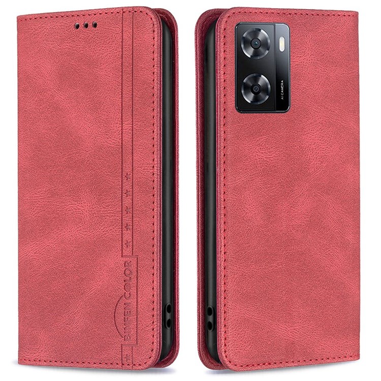 BINFEN COLOR BF Leather Series-5 Style-08 for Oppo A57 4G RFID Blocking PU Leather Phone Case Magnetic Absorption Drop-proof Wallet Stand Cover - Red-1