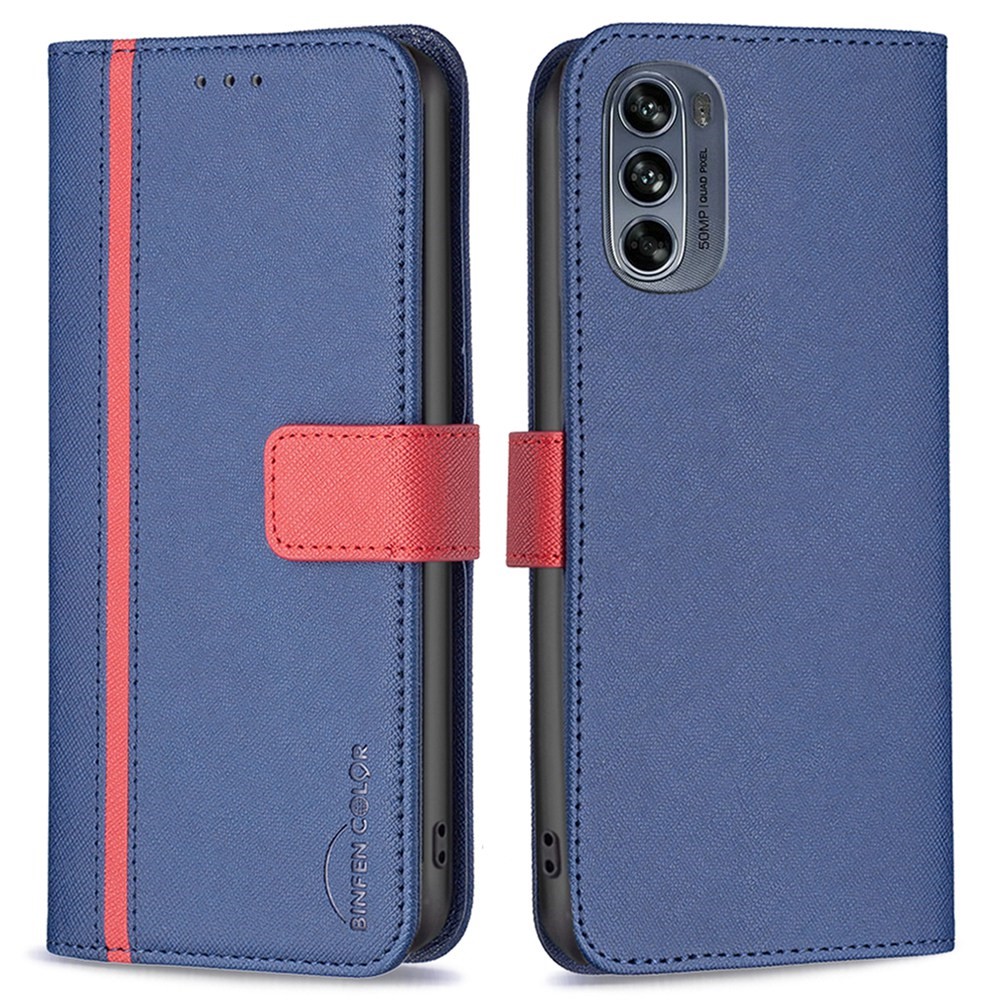 BINFEN COLOR BF Leather Series-9 for Motorola Moto G62 5G Cross Texture Phone Case, Style 13 Splicing Stand Wallet Leather Cover - Blue-1