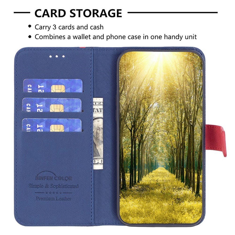 BINFEN COLOR BF Leather Series-9 for Motorola Moto G62 5G Cross Texture Phone Case, Style 13 Splicing Stand Wallet Leather Cover - Blue-3