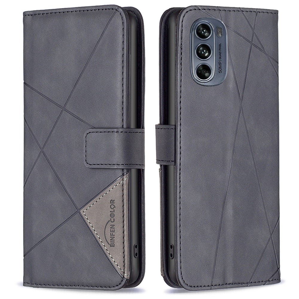 BINFEN COLOR BF Imprinting Pattern Series-2 for Motorola Moto G62 5G Style 05 Imprinting Geometric Pattern Stand Case PU Leather Phone Wallet Cover - Black-1