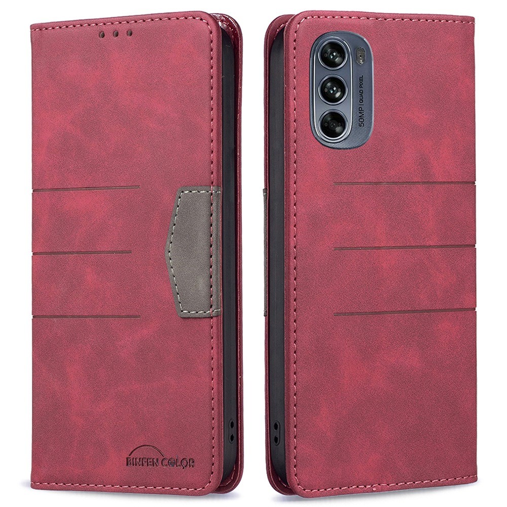 BINFEN COLOR BF Leather Series-1 for Motorola Moto G62 5G Style 10 Color Splicing Lines Imprinted Leather Phone Case Wallet Stand Magnetic Cover - Red-1