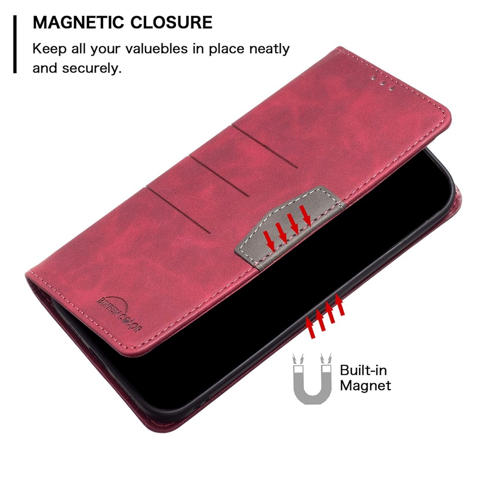 BINFEN COLOR BF Leather Series-1 for Motorola Moto G62 5G Style 10 Color Splicing Lines Imprinted Leather Phone Case Wallet Stand Magnetic Cover - Red-3