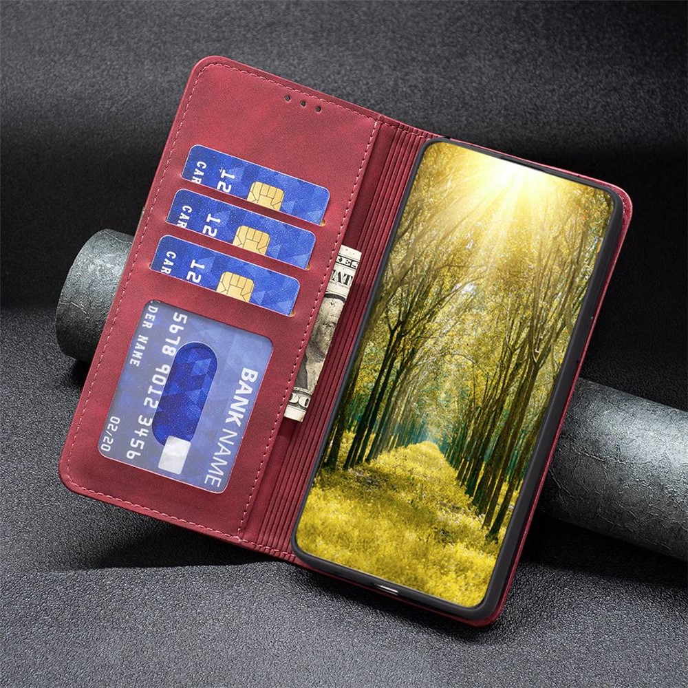 BINFEN COLOR BF Leather Series-1 for Motorola Moto G62 5G Style 10 Color Splicing Lines Imprinted Leather Phone Case Wallet Stand Magnetic Cover - Red-4