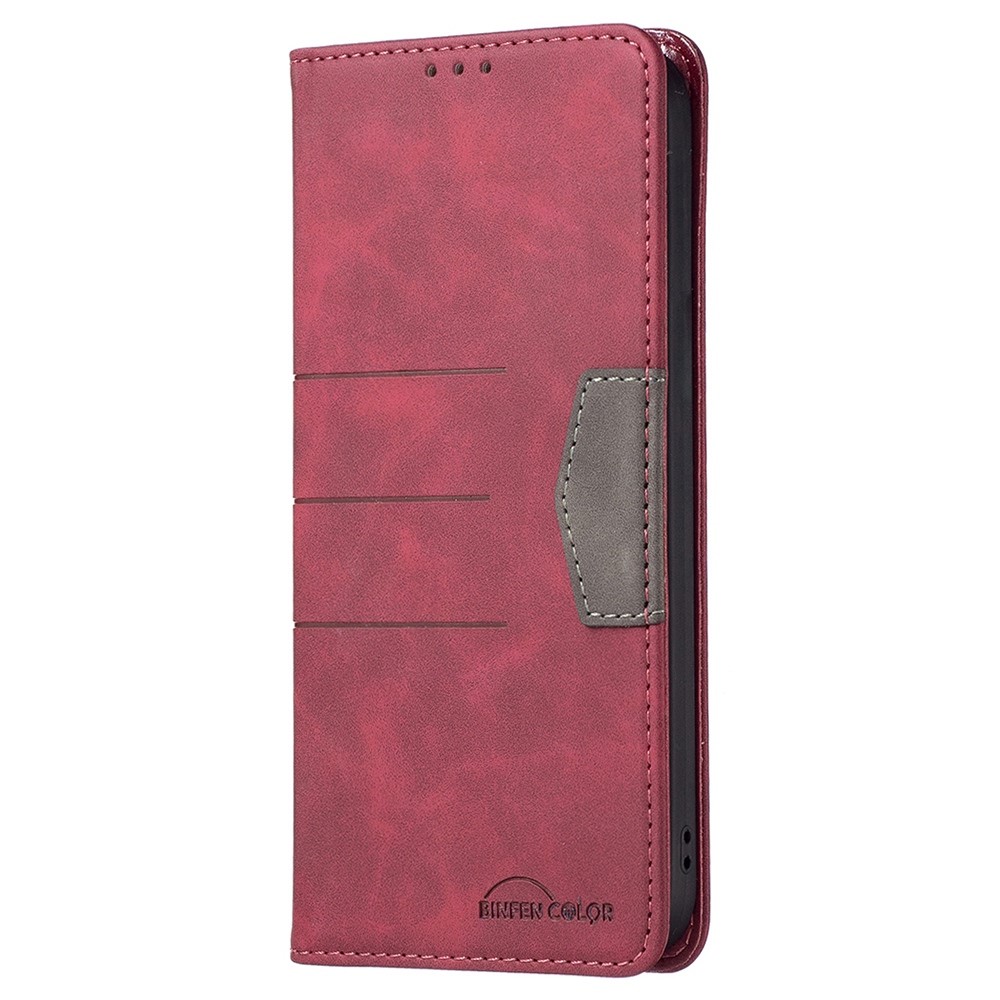 BINFEN COLOR BF Leather Series-1 for Motorola Moto G62 5G Style 10 Color Splicing Lines Imprinted Leather Phone Case Wallet Stand Magnetic Cover - Red-7