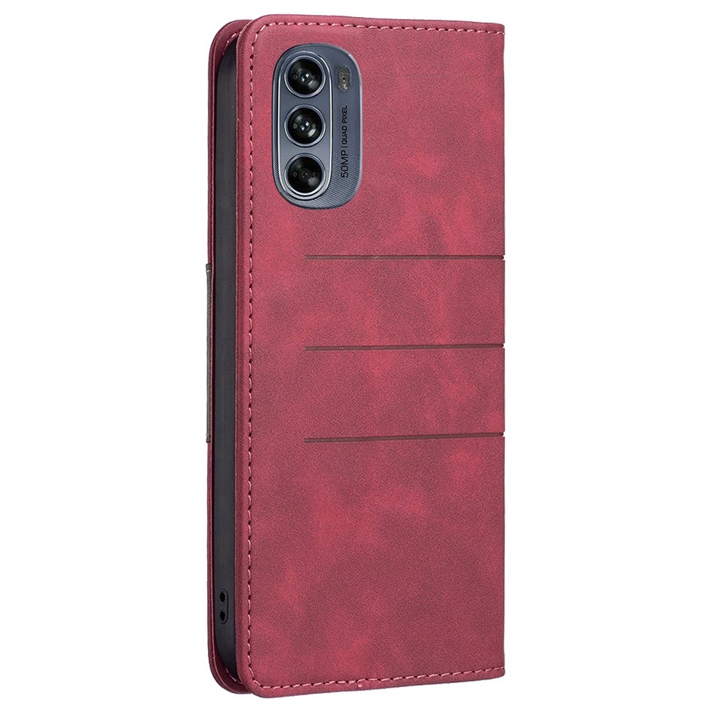 BINFEN COLOR BF Leather Series-1 for Motorola Moto G62 5G Style 10 Color Splicing Lines Imprinted Leather Phone Case Wallet Stand Magnetic Cover - Red-8