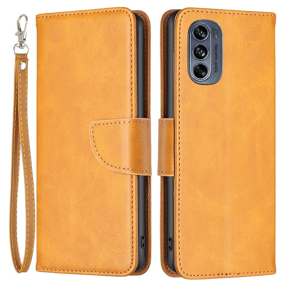 For Motorola Moto G62 5G BF Leather Series-4 Stand Phone Case Magnetic Clasp PU Leather Adjustable Stand Cover with Wrist Strap - Yellow-1