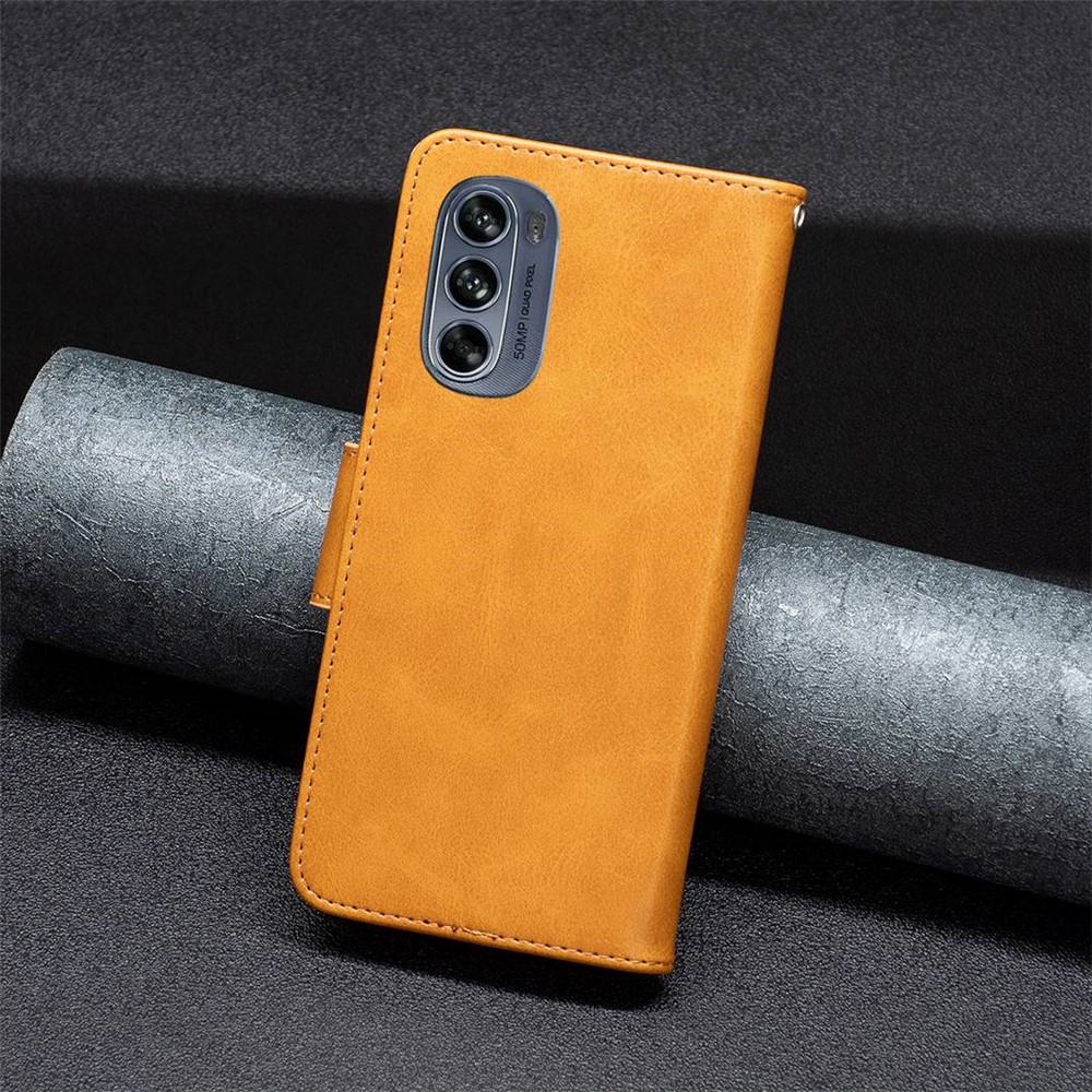 For Motorola Moto G62 5G BF Leather Series-4 Stand Phone Case Magnetic Clasp PU Leather Adjustable Stand Cover with Wrist Strap - Yellow-4