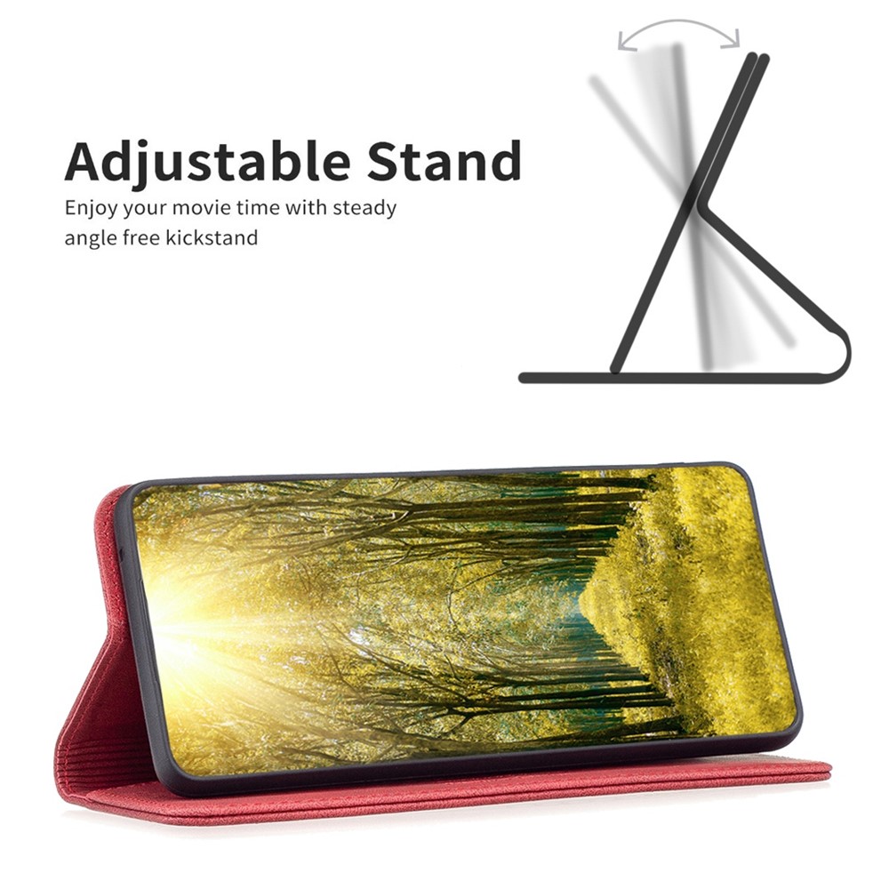 BINFEN COLOR BF Leather Series-5 Style-08 for Motorola Moto G62 5G RFID Blocking PU Leather Flip Stand Case Magnetic Absorption Phone Wallet Cover - Red-2