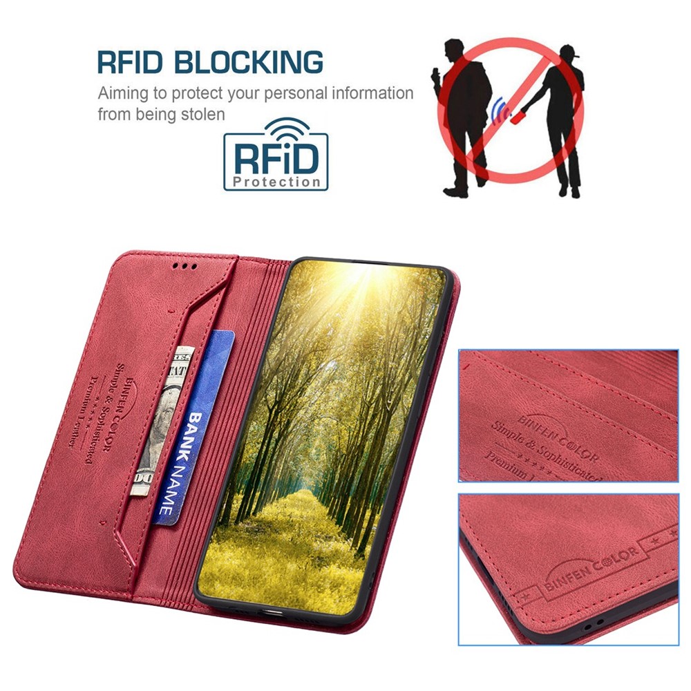 BINFEN COLOR BF Leather Series-5 Style-08 for Motorola Moto G62 5G RFID Blocking PU Leather Flip Stand Case Magnetic Absorption Phone Wallet Cover - Red-3