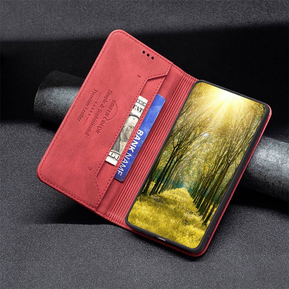 BINFEN COLOR BF Leather Series-5 Style-08 for Motorola Moto G62 5G RFID Blocking PU Leather Flip Stand Case Magnetic Absorption Phone Wallet Cover - Red-5