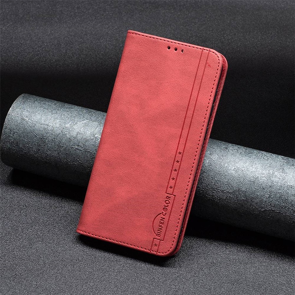BINFEN COLOR BF Leather Series-5 Style-08 for Motorola Moto G62 5G RFID Blocking PU Leather Flip Stand Case Magnetic Absorption Phone Wallet Cover - Red-7