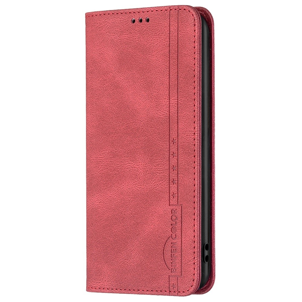 BINFEN COLOR BF Leather Series-5 Style-08 for Motorola Moto G62 5G RFID Blocking PU Leather Flip Stand Case Magnetic Absorption Phone Wallet Cover - Red-8