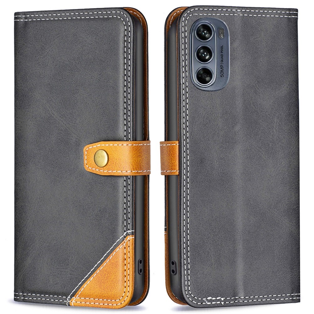 BINFEN COLOR BF Leather Series-8 for Motorola Moto G62 5G Style 12 Stand Double Stitching Lines Splicing PU Leather Phone Case with Card Holder - Black-1