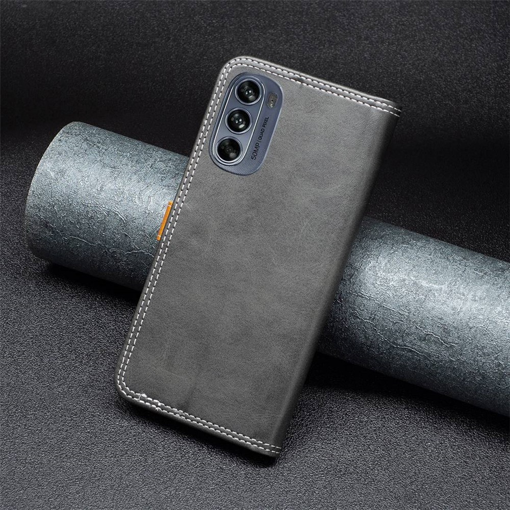 BINFEN COLOR BF Leather Series-8 for Motorola Moto G62 5G Style 12 Stand Double Stitching Lines Splicing PU Leather Phone Case with Card Holder - Black-4