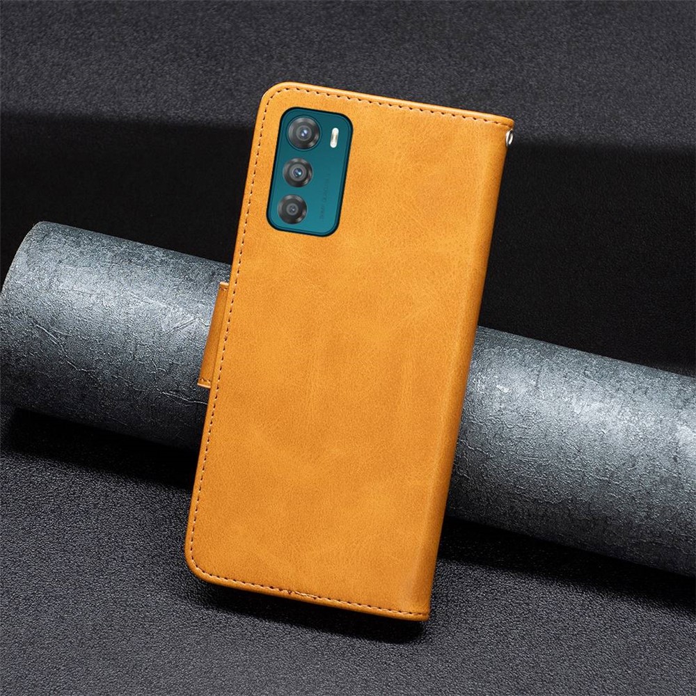 For Motorola Moto G42 4G BF Leather Series-4 Wallet Style Anti-drop Magnetic Clasp Leather Protective Phone Case Stand Shell with Wrist Strap - Yellow-4
