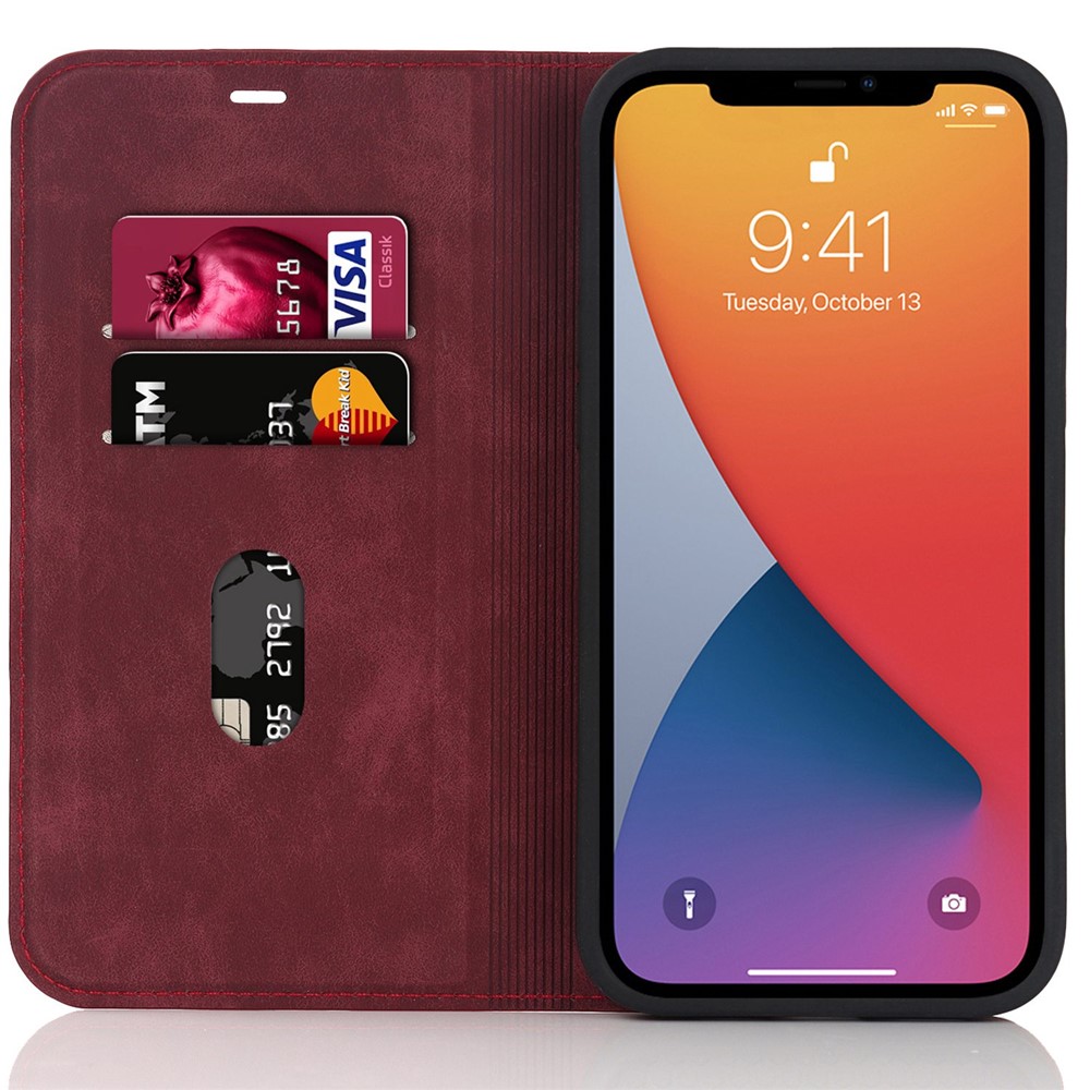 For iPhone 12 6.1 inch / 12 Pro 6.1 inch Magnetic Auto-absorbed PU Leather Case Stand Card Holder Cover with RFID Blocking - Red-3