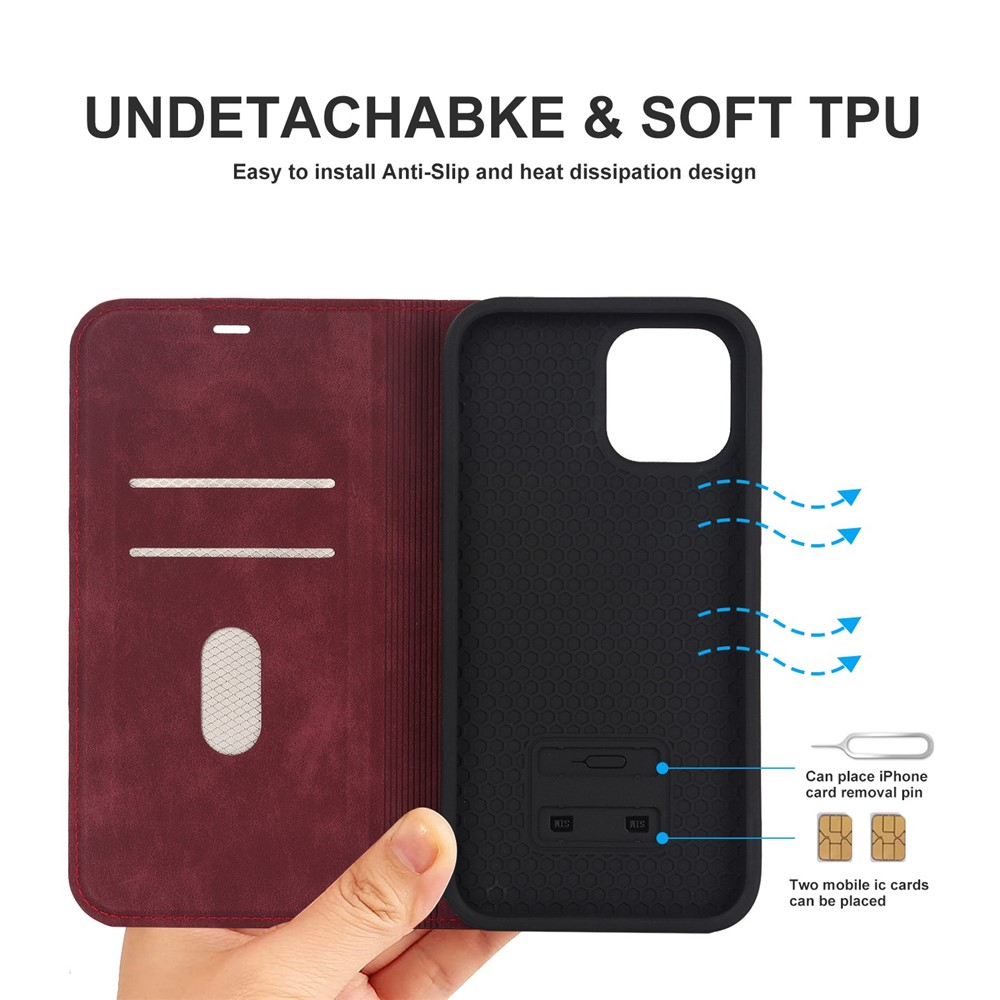 For iPhone 12 6.1 inch / 12 Pro 6.1 inch Magnetic Auto-absorbed PU Leather Case Stand Card Holder Cover with RFID Blocking - Red-6