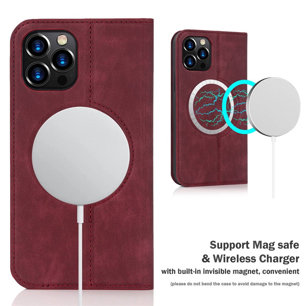 For iPhone 12 6.1 inch / 12 Pro 6.1 inch Magnetic Auto-absorbed PU Leather Case Stand Card Holder Cover with RFID Blocking - Red-7
