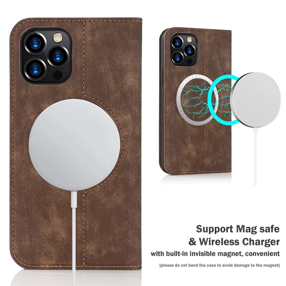 For iPhone 12 Pro Max 6.7 inch PU Leather Card Holder Cover Magnetic Auto Closing RFID Blocking Stand Phone Case - Brown-9