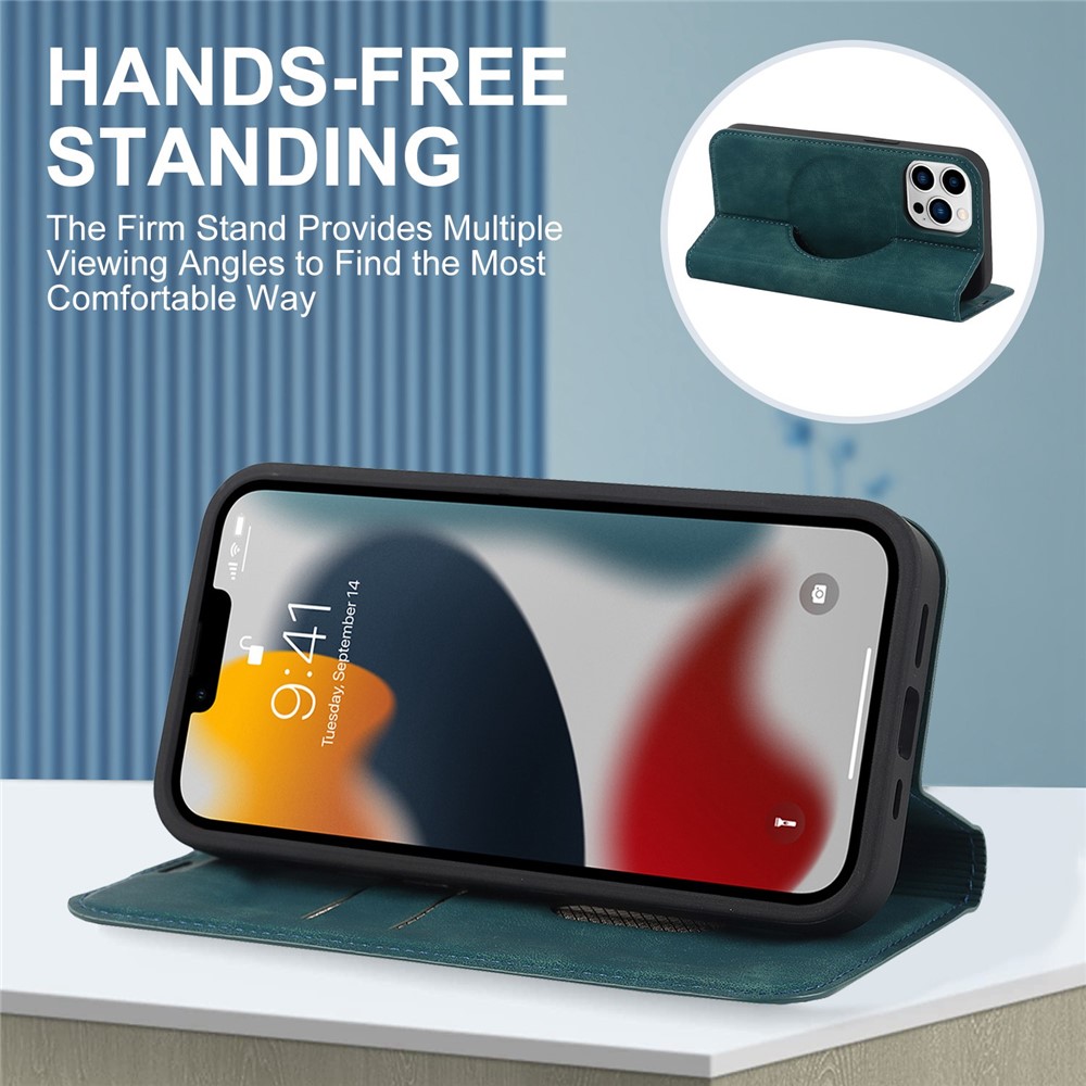 For iPhone 13 Pro Max 6.7 inch RFID Blocking Leather Case Card Holder Stand Magnetic Auto-absorbed Phone Shell - Blue-6