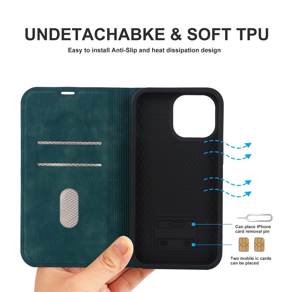 For iPhone 13 Pro Max 6.7 inch RFID Blocking Leather Case Card Holder Stand Magnetic Auto-absorbed Phone Shell - Blue-7