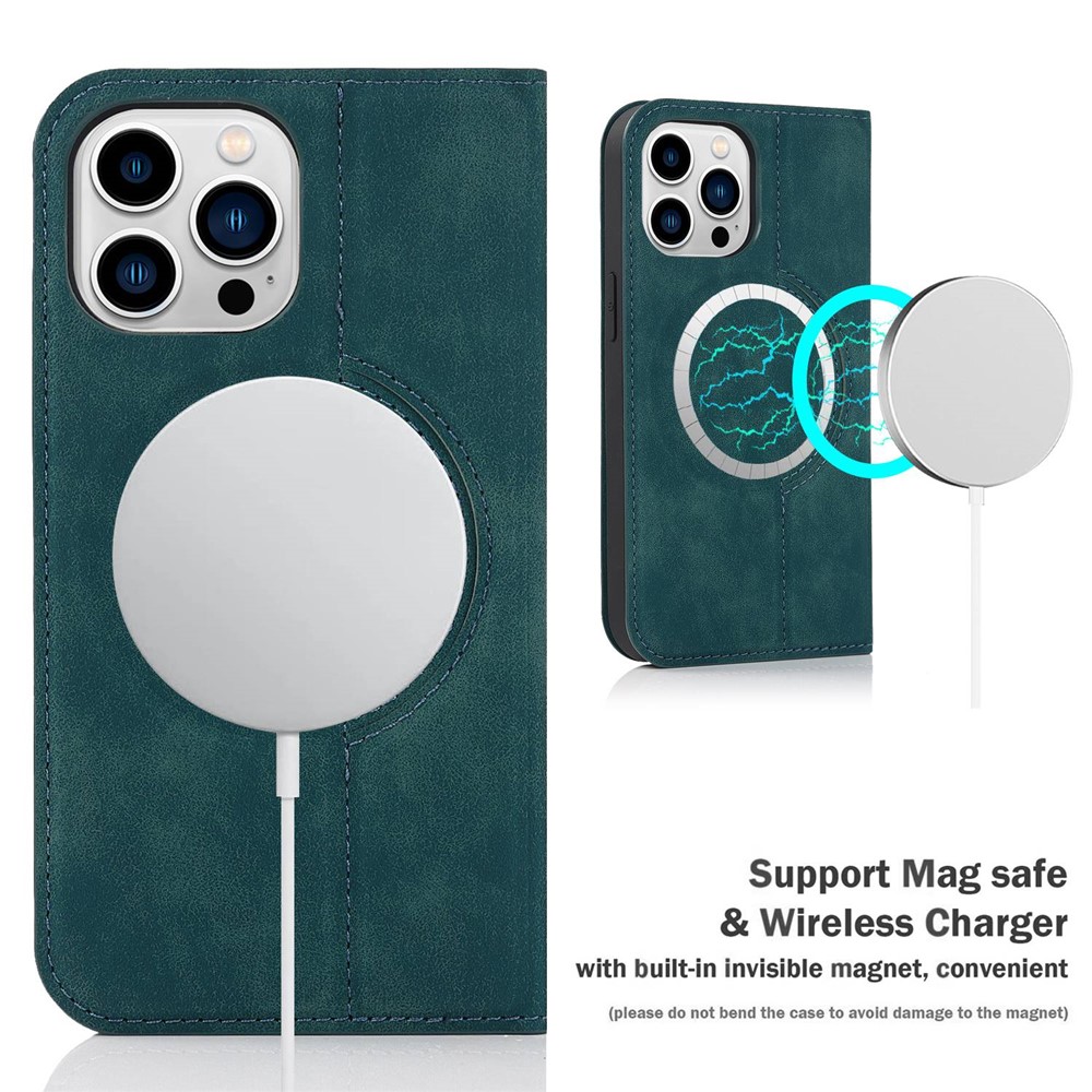 For iPhone 13 Pro Max 6.7 inch RFID Blocking Leather Case Card Holder Stand Magnetic Auto-absorbed Phone Shell - Blue-8