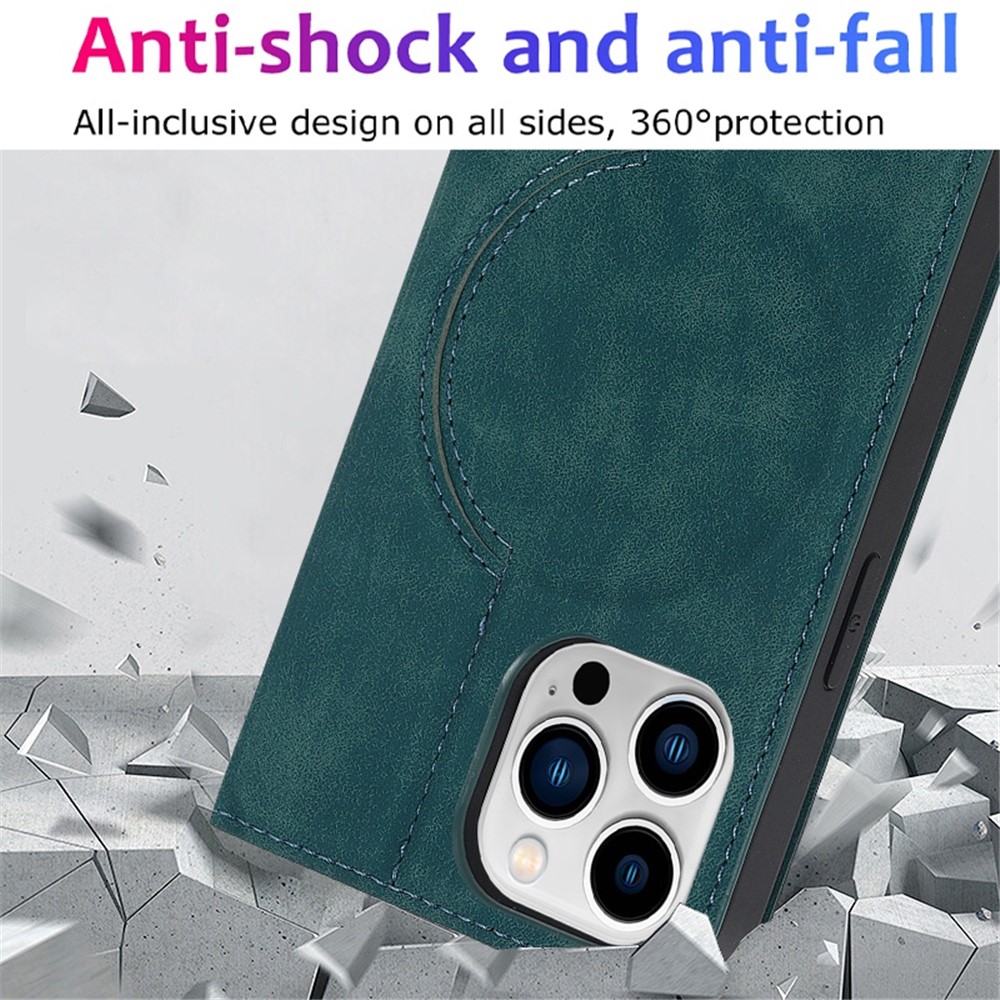For iPhone 13 Pro Max 6.7 inch RFID Blocking Leather Case Card Holder Stand Magnetic Auto-absorbed Phone Shell - Blue-9