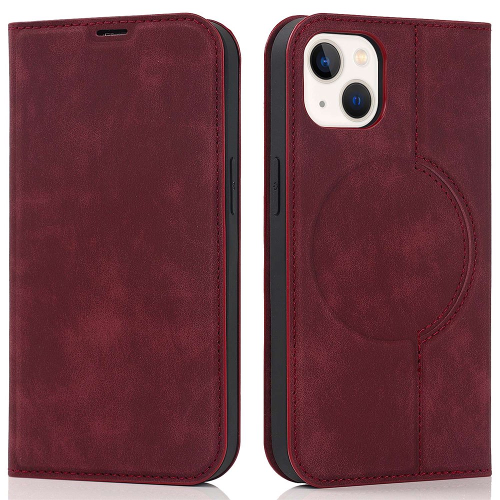 For iPhone 13 6.1 inch MagSafe Charging PU Leather Card Holder Phone Case RFID Blocking Stand Magnetic Auto-absorbed Anti-drop Cover - Red-1