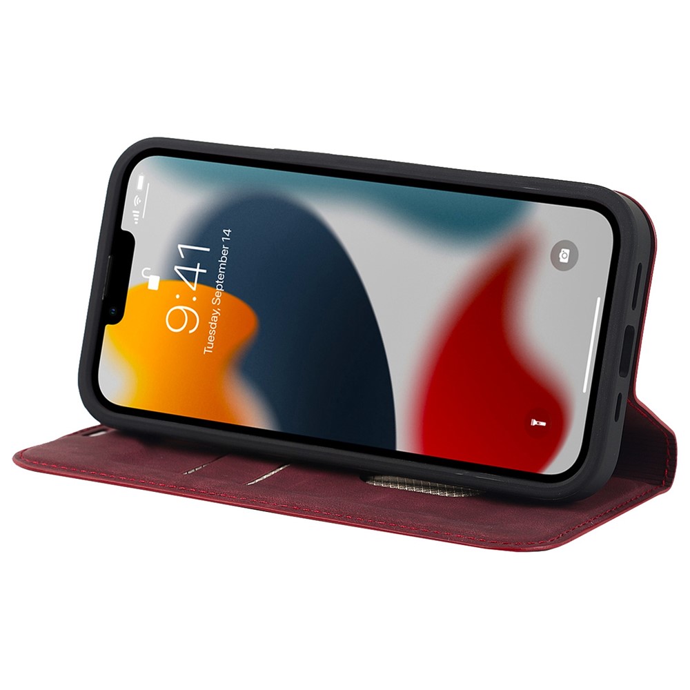 For iPhone 13 6.1 inch MagSafe Charging PU Leather Card Holder Phone Case RFID Blocking Stand Magnetic Auto-absorbed Anti-drop Cover - Red-3