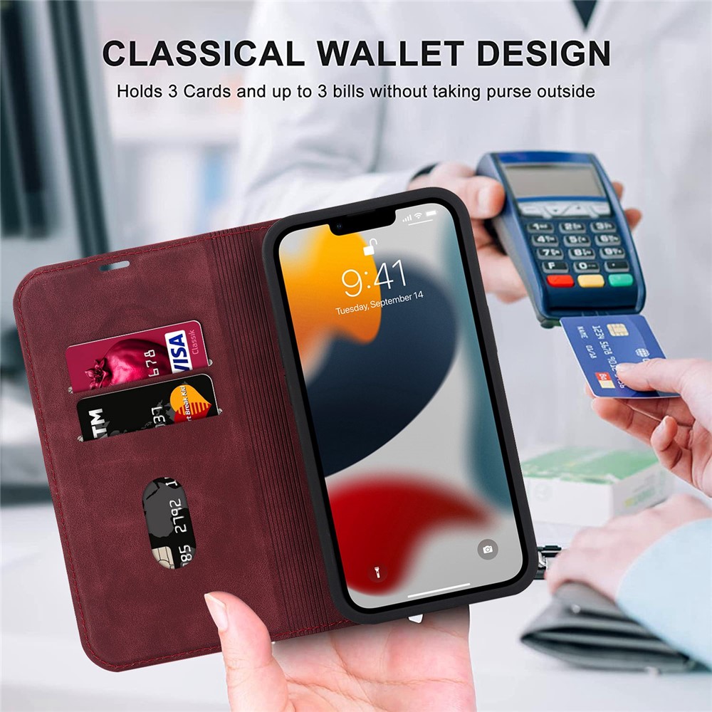 For iPhone 13 6.1 inch MagSafe Charging PU Leather Card Holder Phone Case RFID Blocking Stand Magnetic Auto-absorbed Anti-drop Cover - Red-4