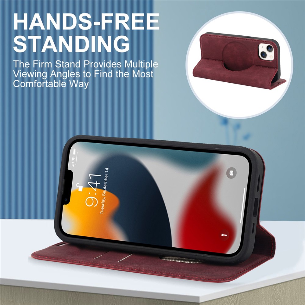 For iPhone 13 6.1 inch MagSafe Charging PU Leather Card Holder Phone Case RFID Blocking Stand Magnetic Auto-absorbed Anti-drop Cover - Red-6
