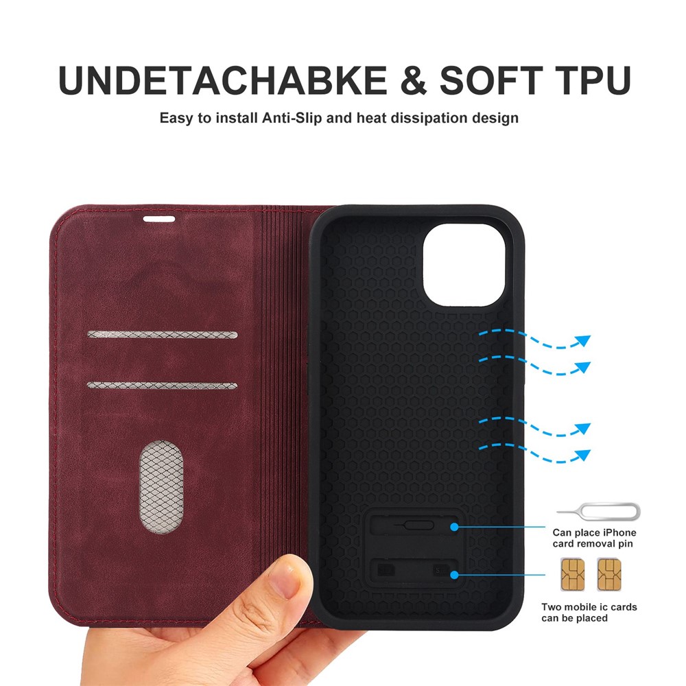 For iPhone 13 6.1 inch MagSafe Charging PU Leather Card Holder Phone Case RFID Blocking Stand Magnetic Auto-absorbed Anti-drop Cover - Red-7