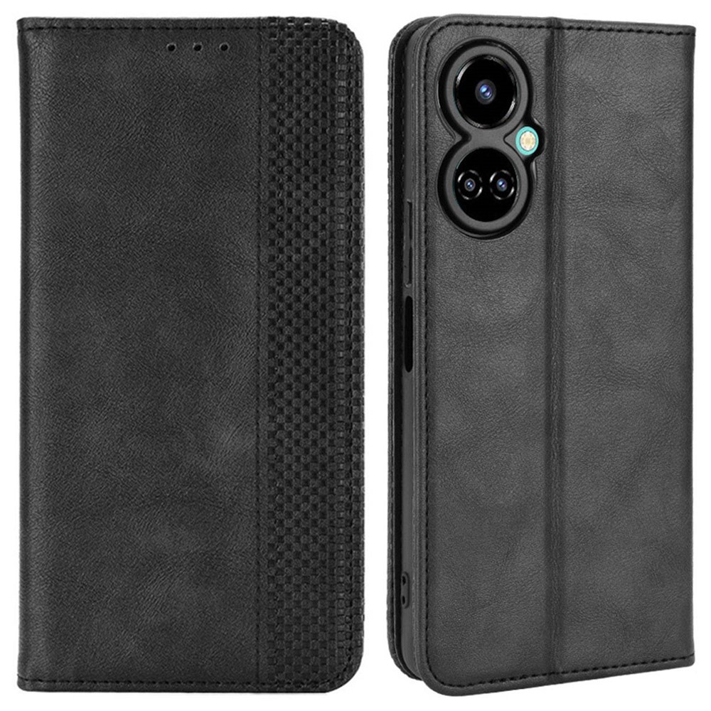 For Tecno Camon 19 4G Full Coverage Auto Closing Magnetic Folio Flip Retro PU Leather Wallet Case Stand Function Phone Shell Cover - Black-1