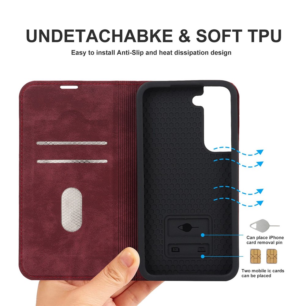 For Samsung Galaxy S22+ 5G RFID Blocking Stand Card Holder PU Leather Case Auto Closing Magnetic Phone Cover - Red-8