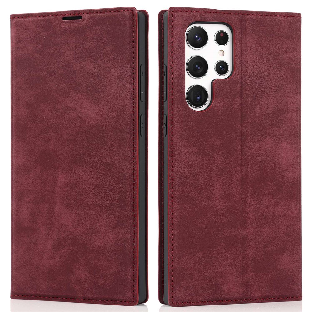 For Samsung Galaxy S22 Ultra 5G Shockproof RFID Blocking PU Leather Phone Case Auto Closing Magnetic Phone Cover - Wine Red-1
