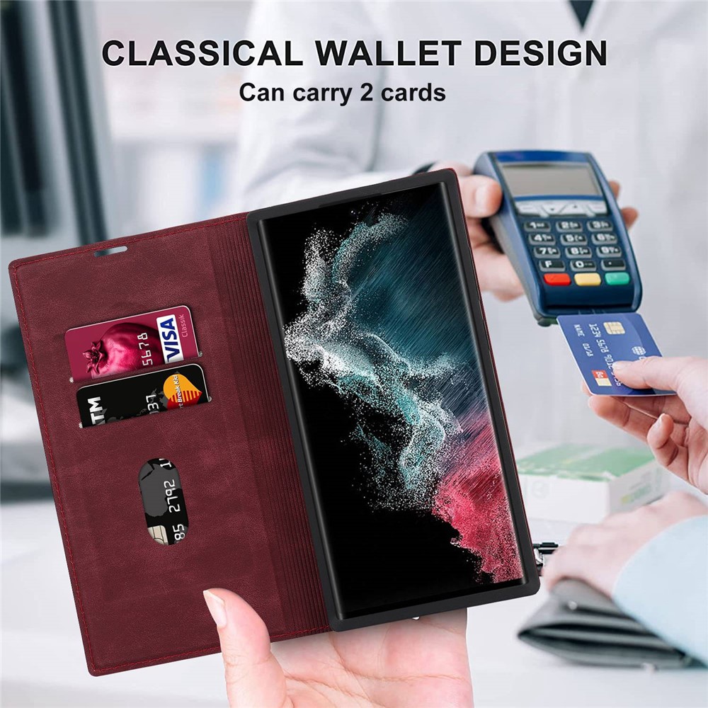 For Samsung Galaxy S22 Ultra 5G Shockproof RFID Blocking PU Leather Phone Case Auto Closing Magnetic Phone Cover - Wine Red-4