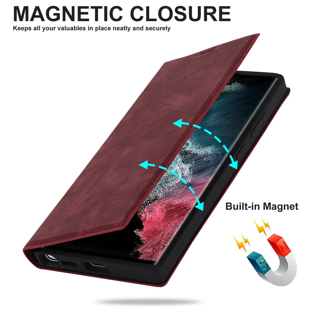 For Samsung Galaxy S22 Ultra 5G Shockproof RFID Blocking PU Leather Phone Case Auto Closing Magnetic Phone Cover - Wine Red-5