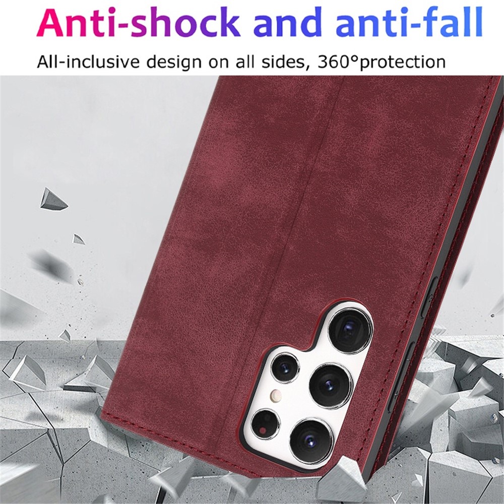 For Samsung Galaxy S22 Ultra 5G Shockproof RFID Blocking PU Leather Phone Case Auto Closing Magnetic Phone Cover - Wine Red-6