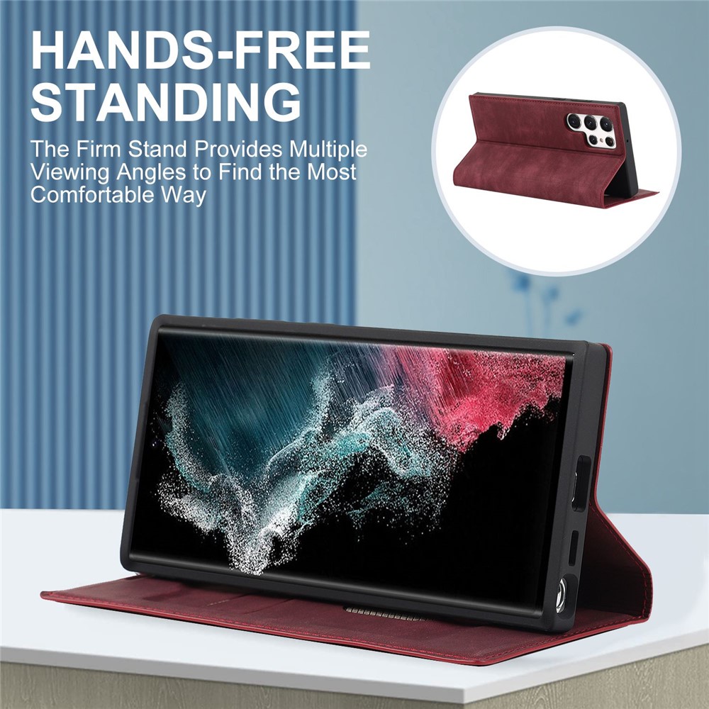 For Samsung Galaxy S22 Ultra 5G Shockproof RFID Blocking PU Leather Phone Case Auto Closing Magnetic Phone Cover - Wine Red-7
