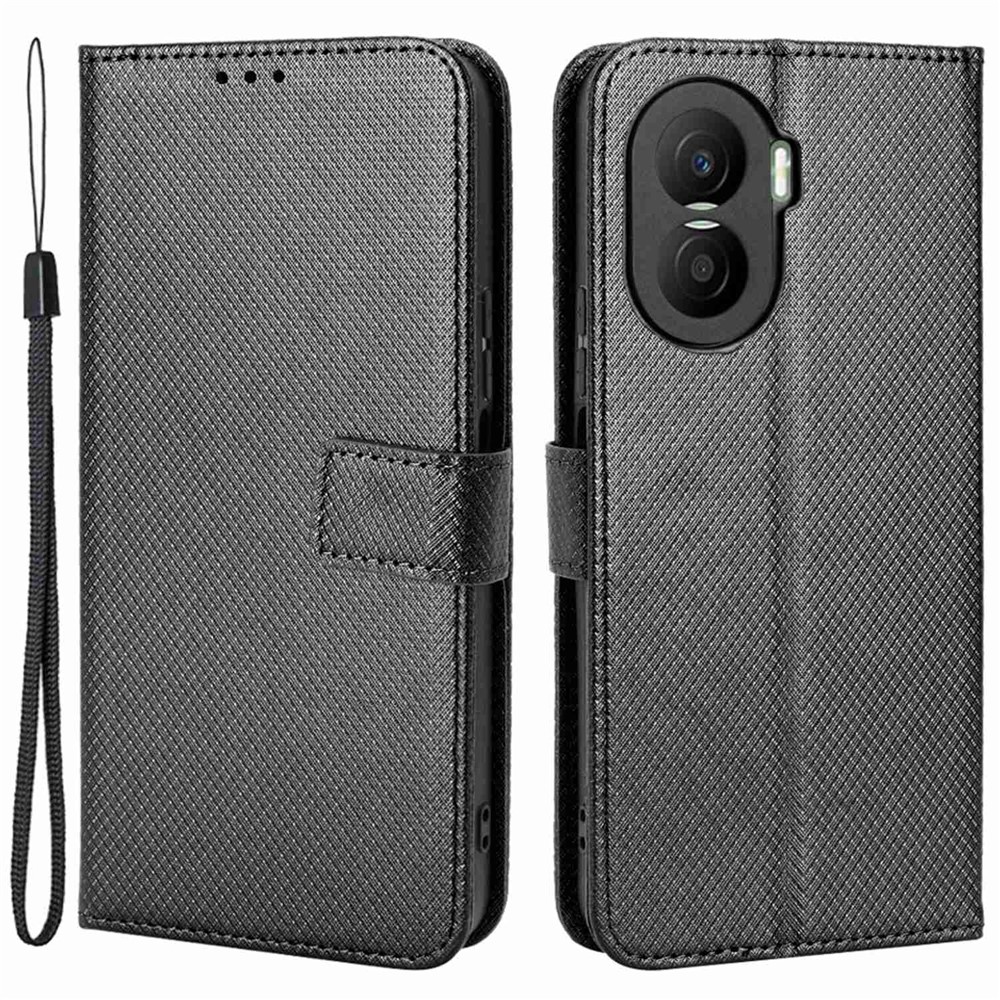 For Honor X40i 5G Drop-proof Phone Flip Wallet Case Well-protected Diamond Texture PU Leather Cover Stand Card Holder with Wrist Strap - Black-1