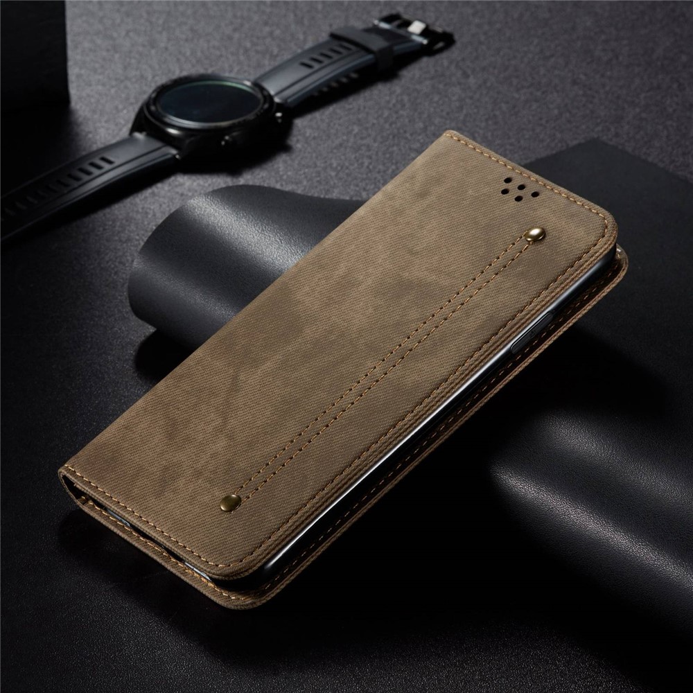 For Honor 70 5G Shockproof Phone Case Jeans Cloth Texture PU Leather Auto Magnetic Closed Flip Wallet Stand Cover - Khaki-5
